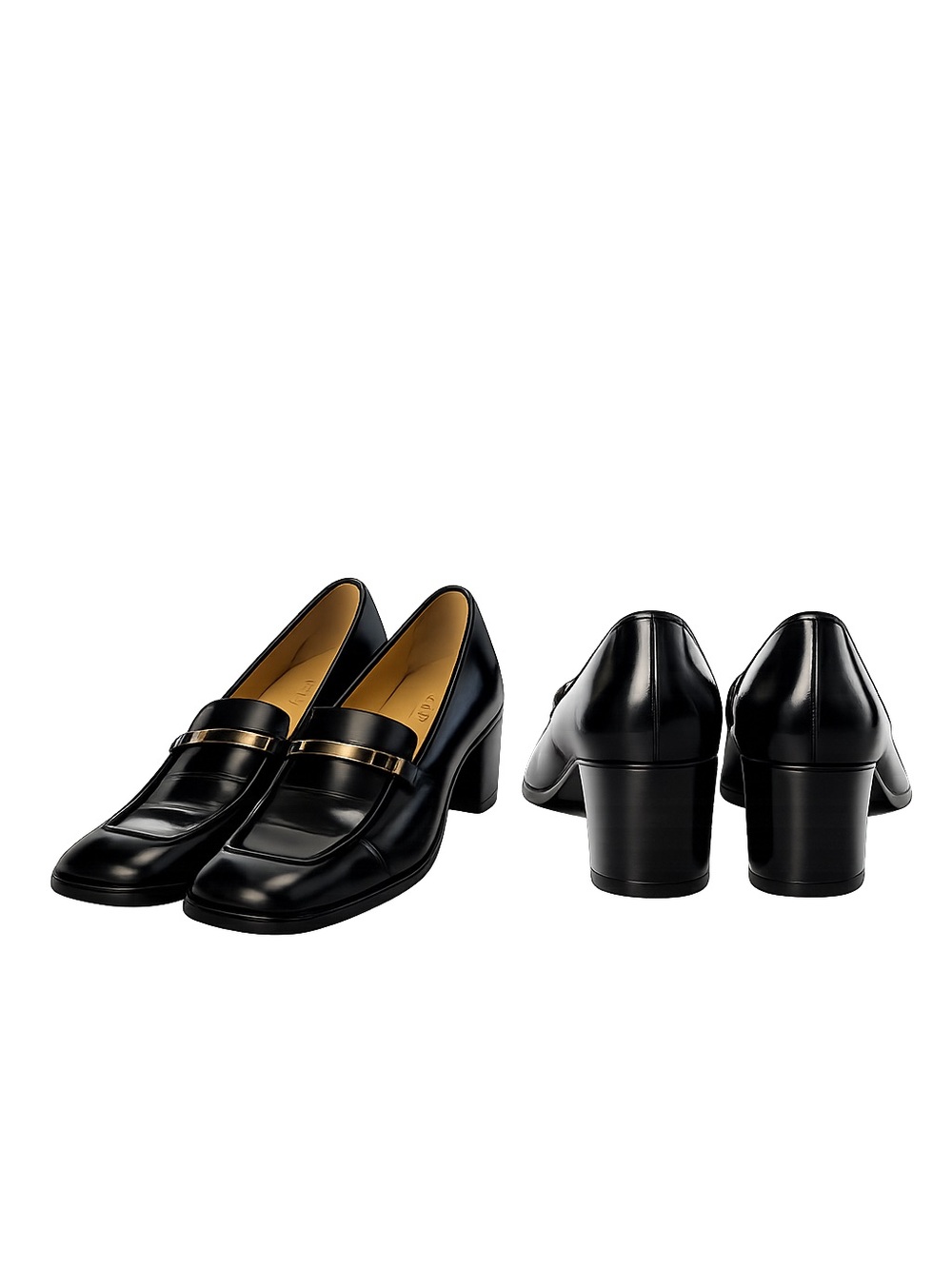 Gucci Black Leather Block-Heel Loafers with Gold Band